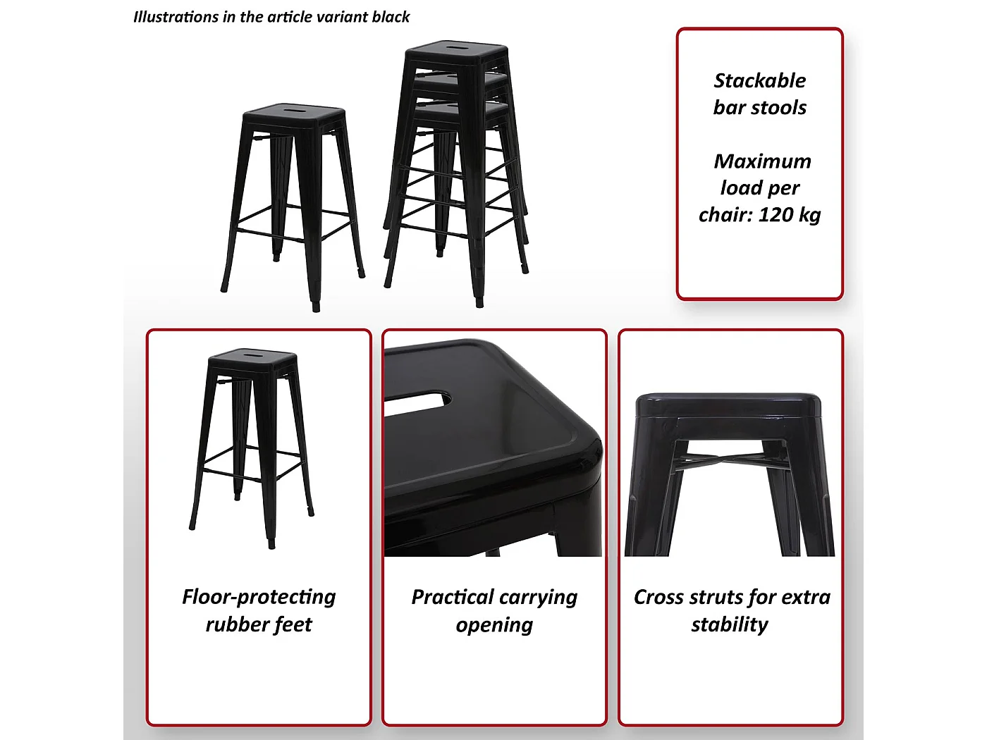 Tabouret de bar MCW-A73 Métal empilable,  noir