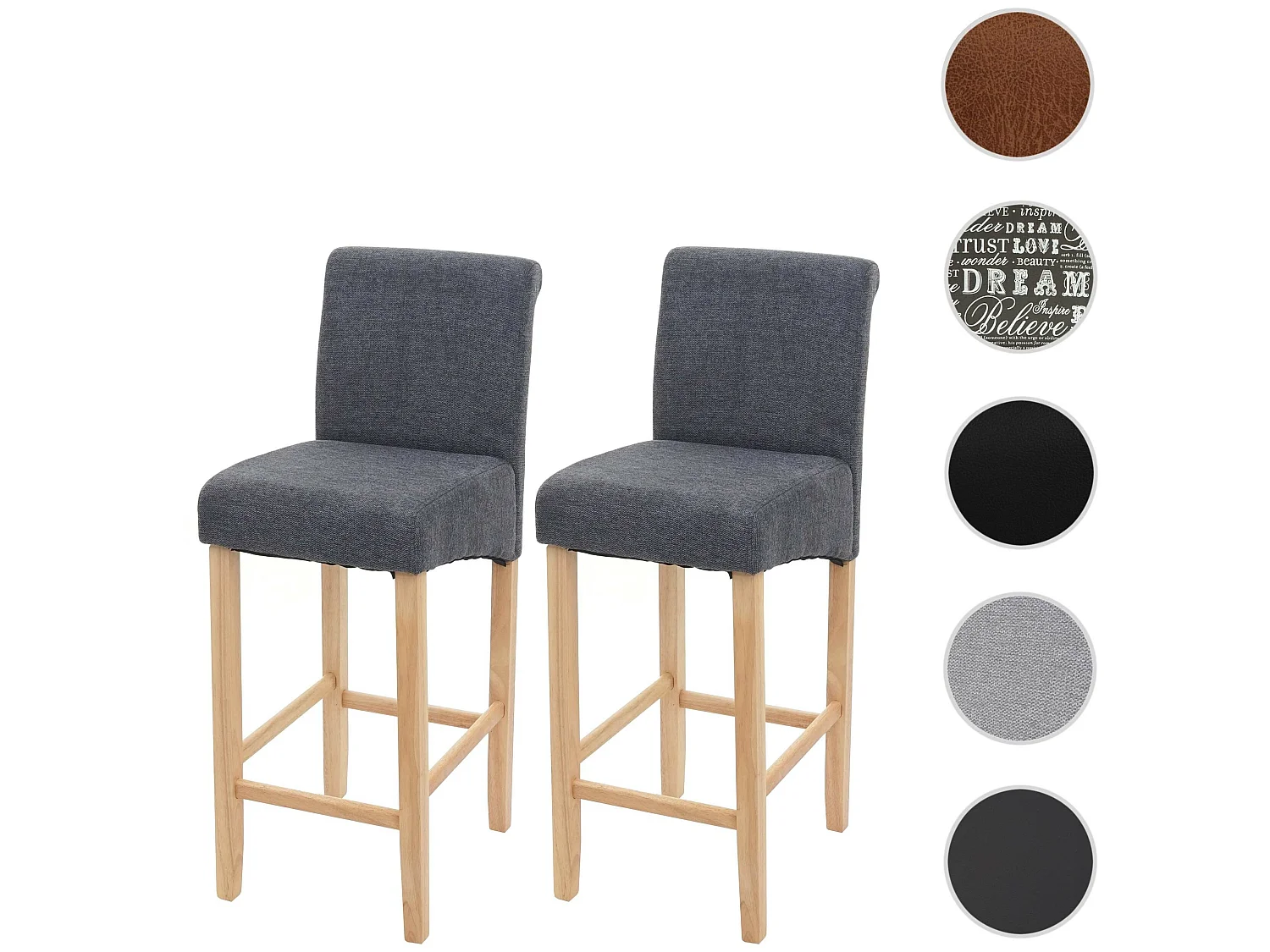 Tabouret de bar MCW-C33 (lot de 2),  gris foncé, pieds clairs, tissu/textile