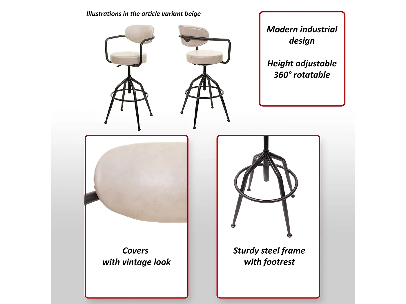 Taburete de bar MCW-H10f,  vintage marrón