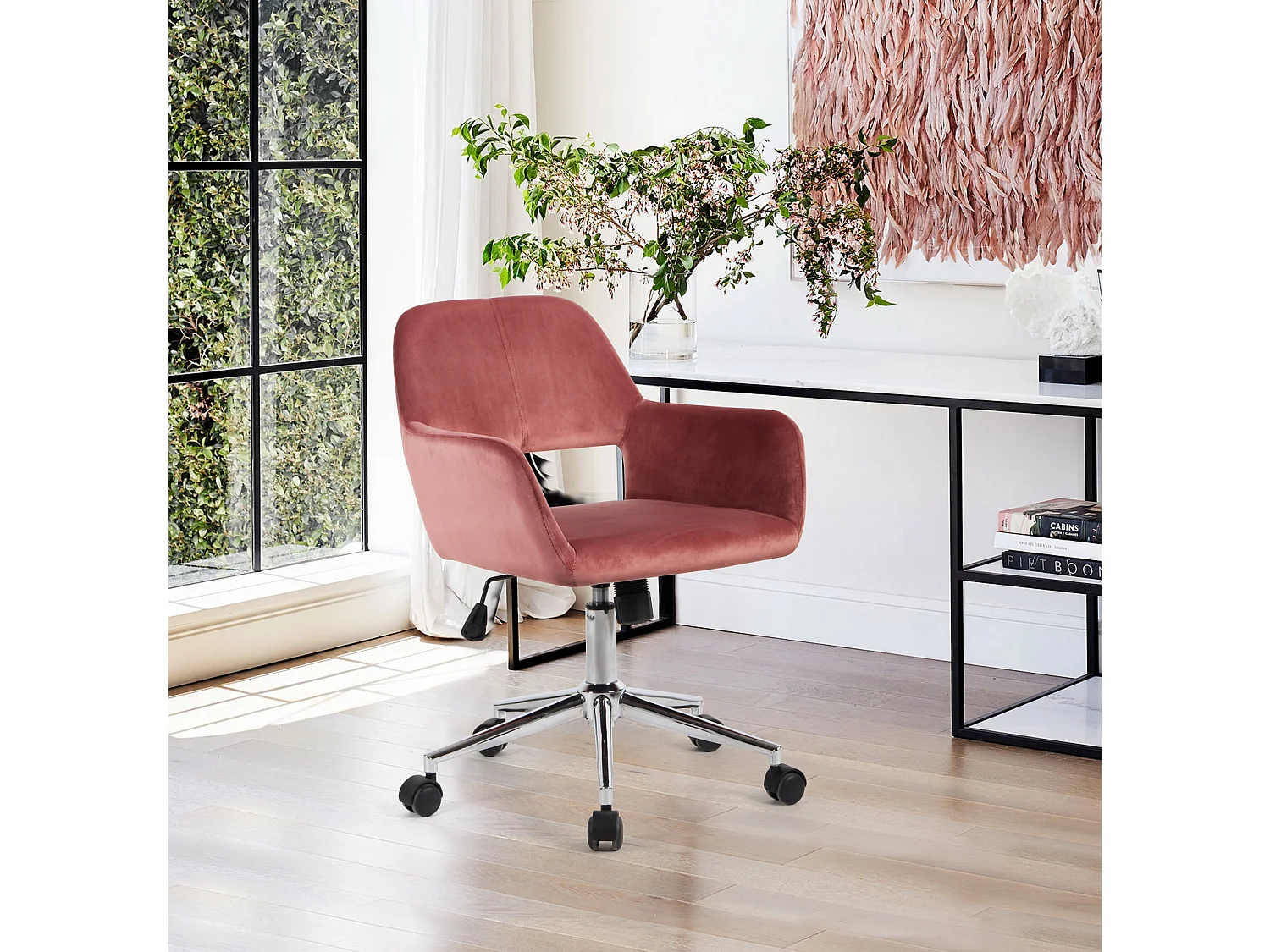 Sedia da ufficio scandinava in velluto rosa girevole girevole con braccioli, regolabile in altezza 55*56*75-85cm