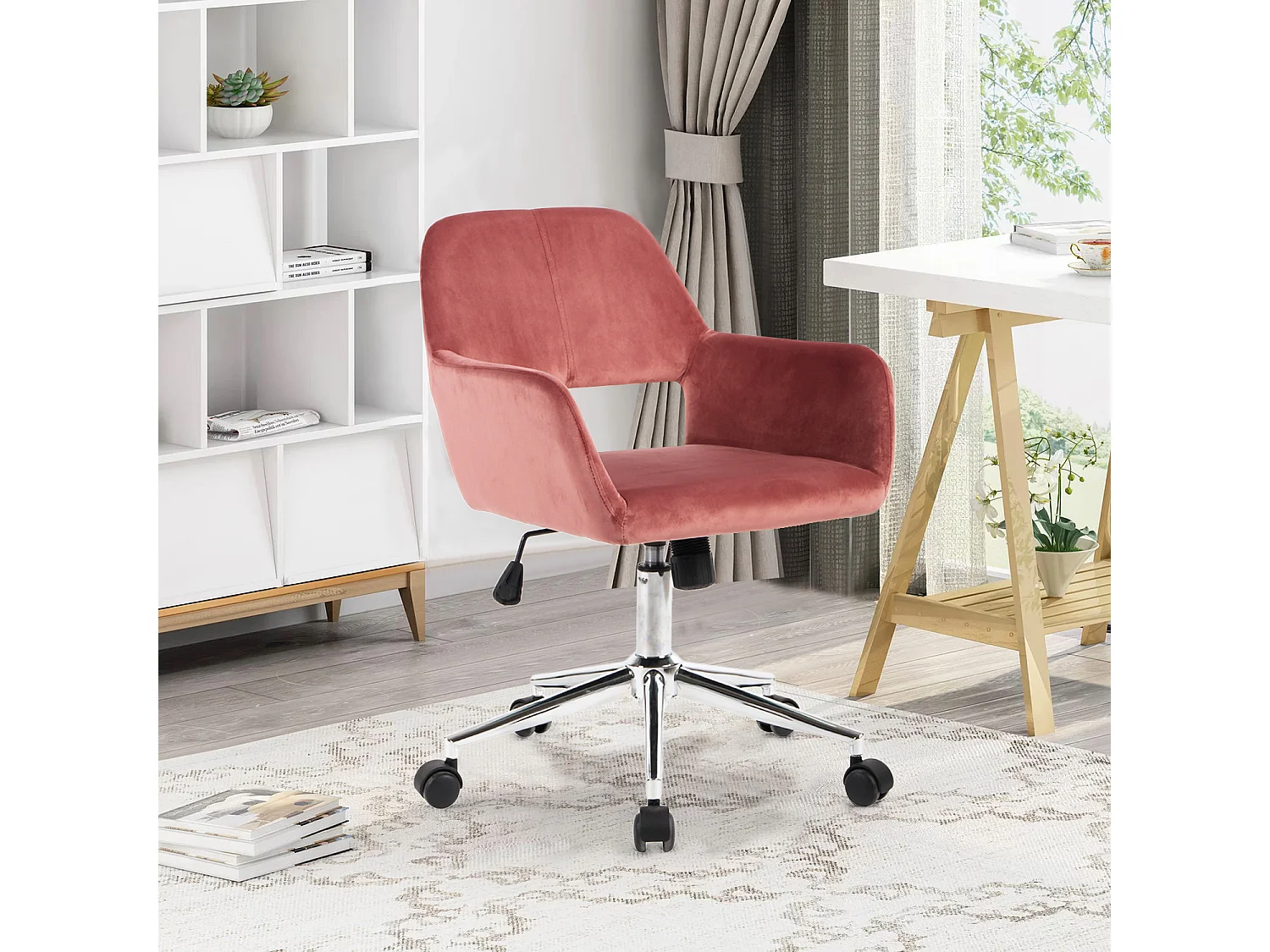 Sedia da ufficio scandinava in velluto rosa girevole girevole con braccioli, regolabile in altezza 55*56*75-85cm
