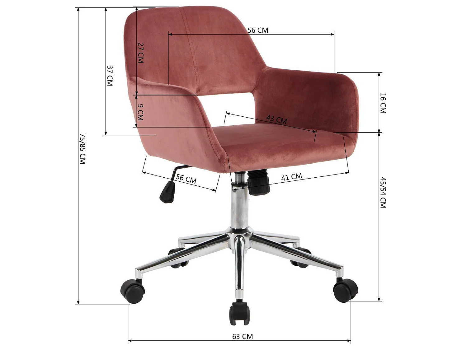 Sedia da ufficio scandinava in velluto rosa girevole girevole con braccioli, regolabile in altezza 55*56*75-85cm