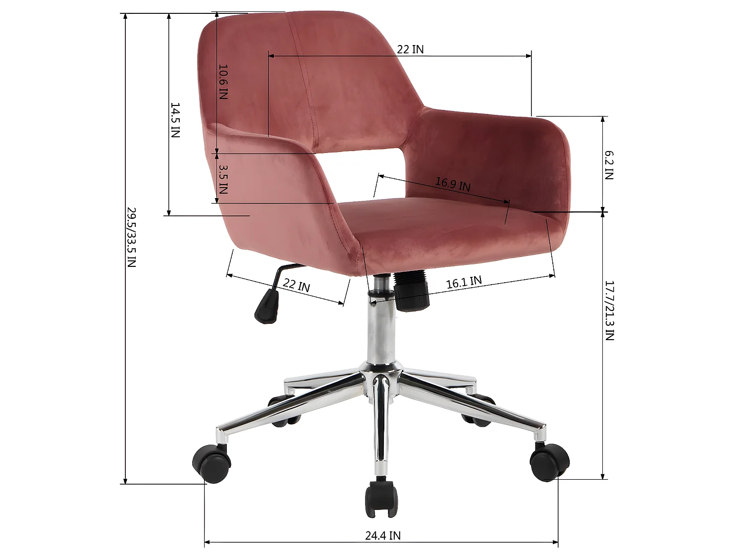 Sedia da ufficio scandinava in velluto rosa girevole girevole con braccioli, regolabile in altezza 55*56*75-85cm