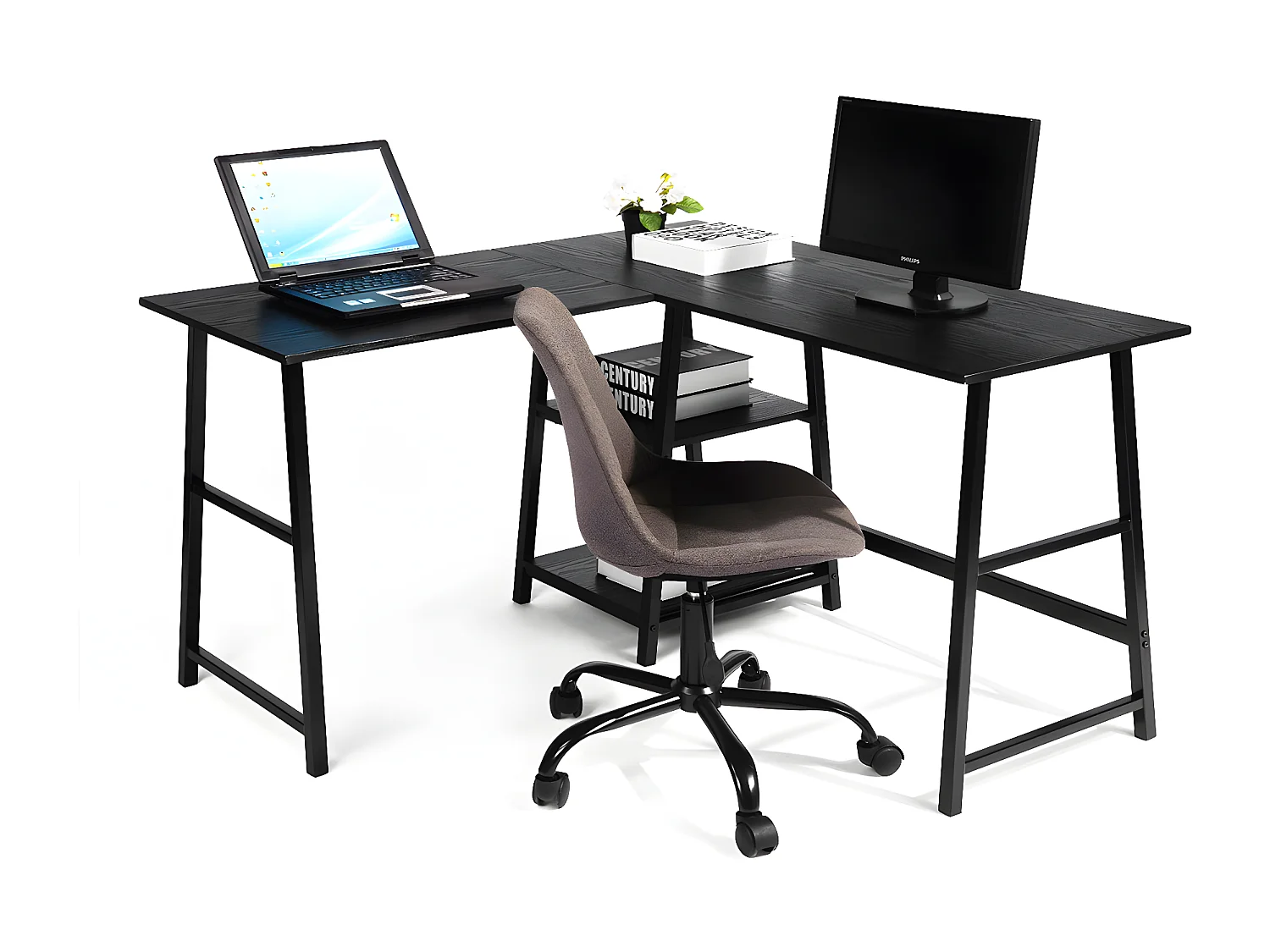 Bureau d'angle étagères noir bois métal 120*120