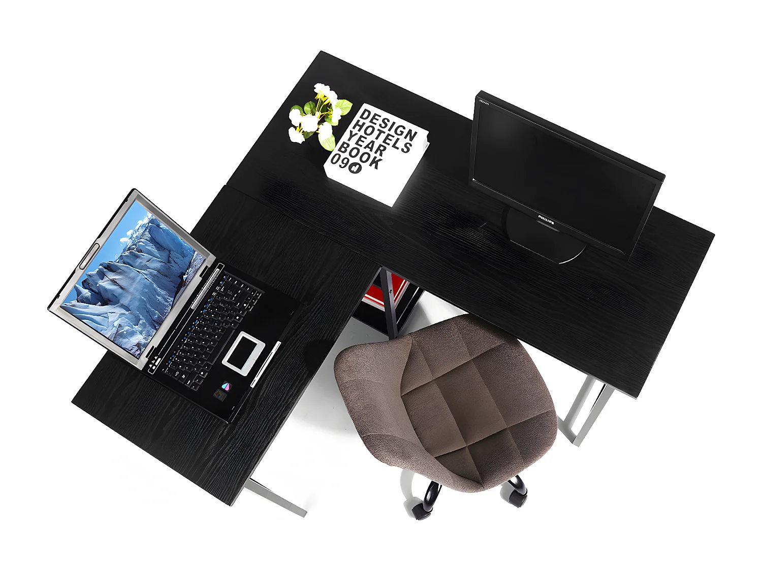 Bureau d'angle étagères noir bois métal 120*120