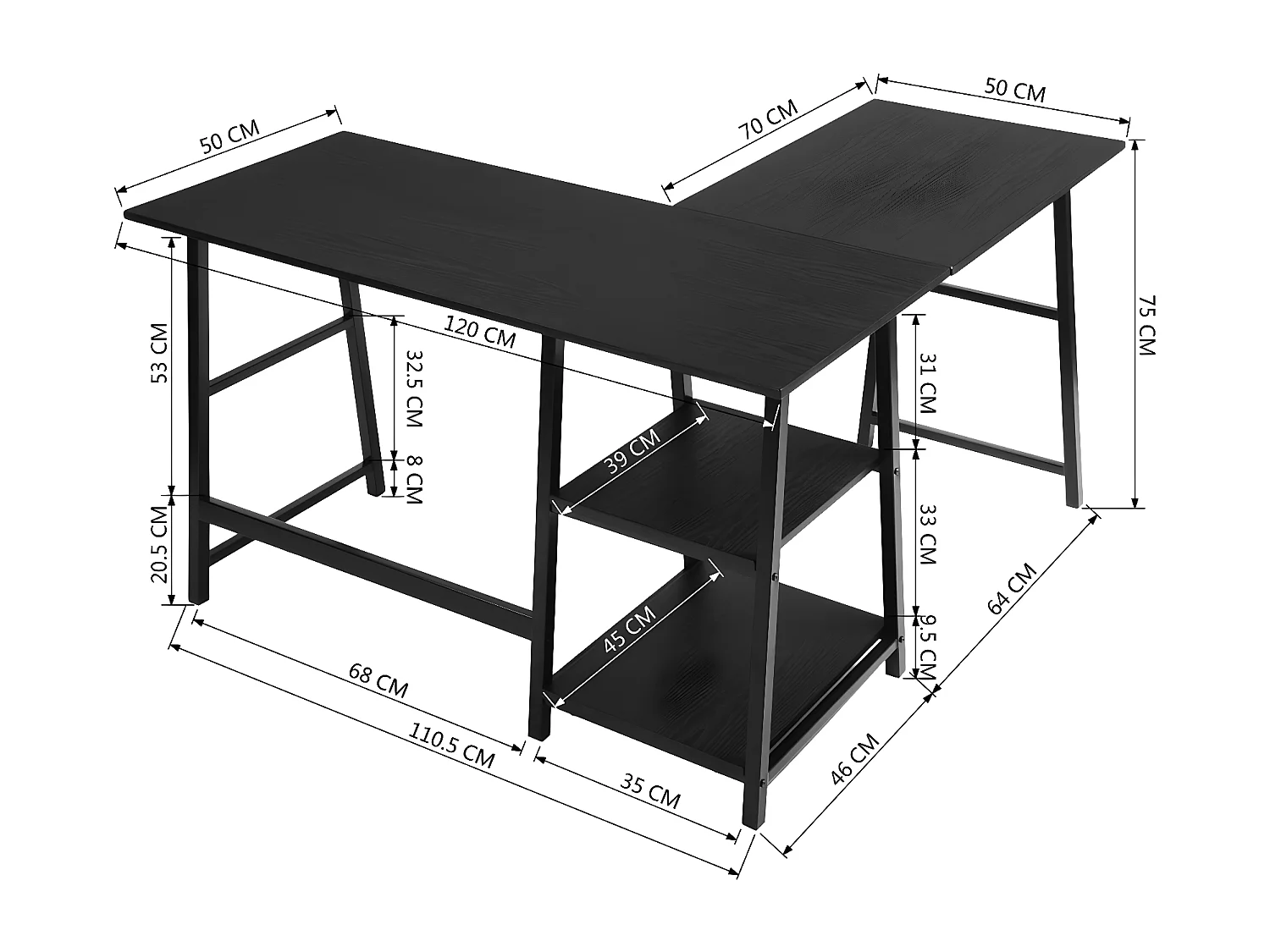 Bureau d'angle étagères noir bois métal 120*120