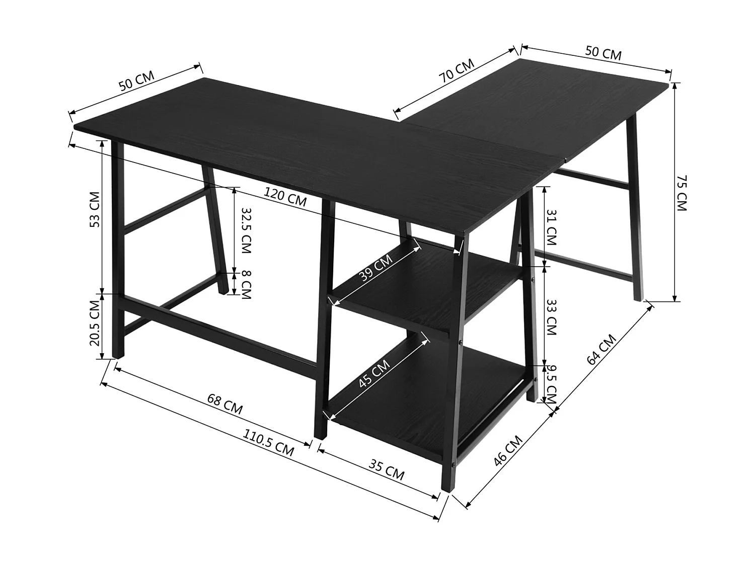 Bureau d'angle étagères noir bois métal 120*120