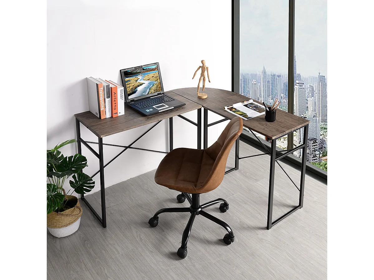 Bureau en L, bureau d'ordinateur d'angle, surface en bois Marron et pieds en métal, 123x103x72 cm