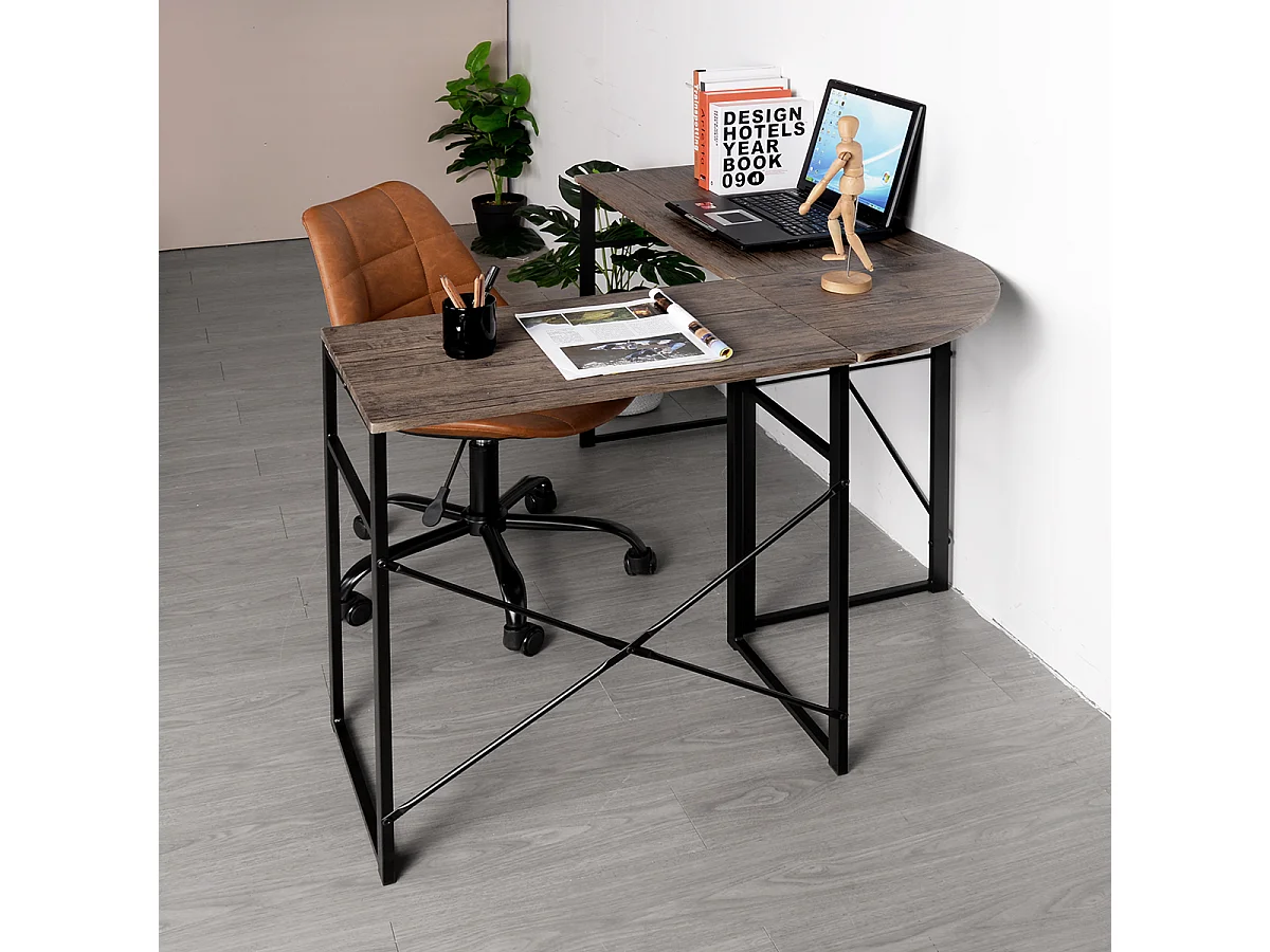 Bureau en L, bureau d'ordinateur d'angle, surface en bois Marron et pieds en métal, 123x103x72 cm