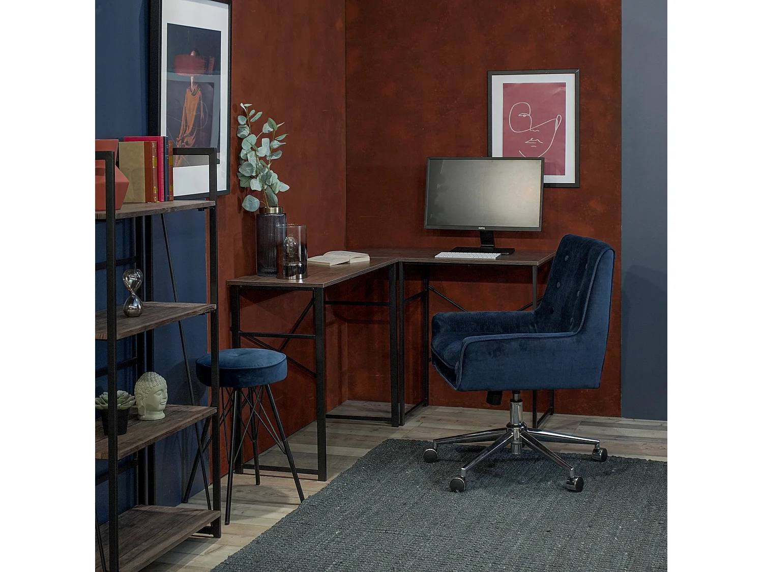 Bureau en L, bureau d'ordinateur d'angle, surface en bois Marron et pieds en métal, 123x103x72 cm