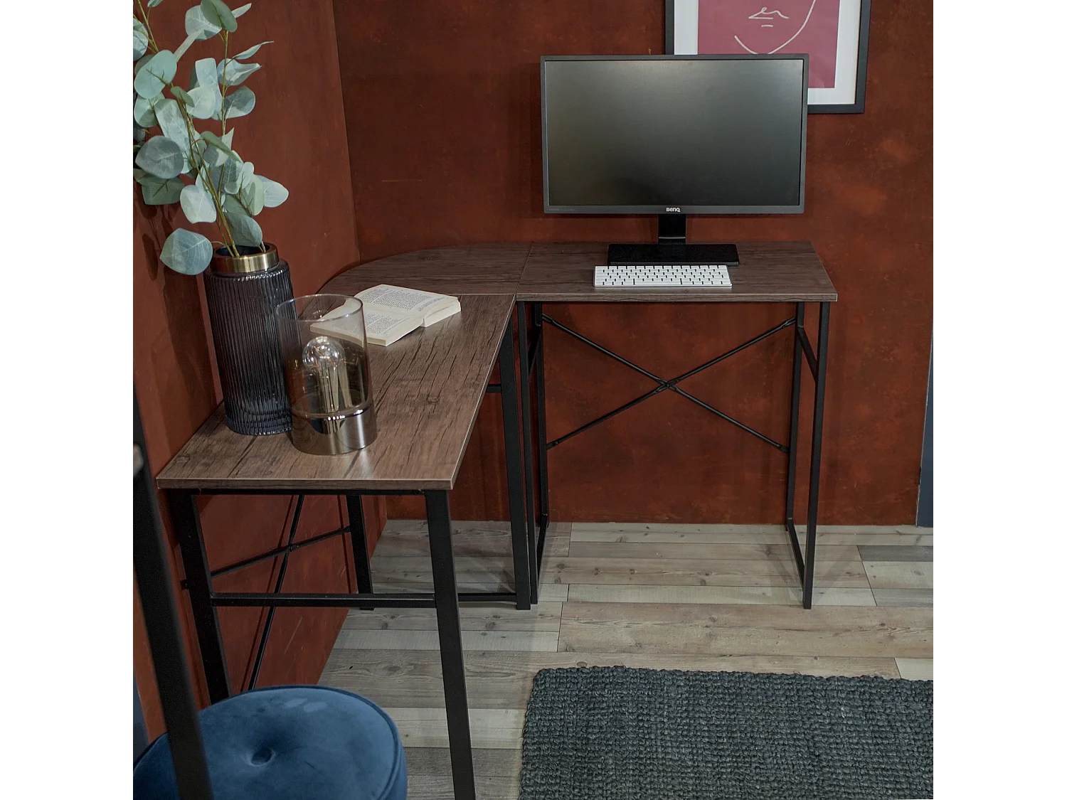 Bureau en L, bureau d'ordinateur d'angle, surface en bois Marron et pieds en métal, 123x103x72 cm