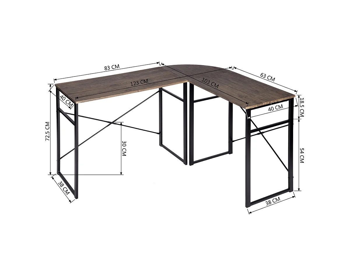 Bureau en L, bureau d'ordinateur d'angle, surface en bois Marron et pieds en métal, 123x103x72 cm