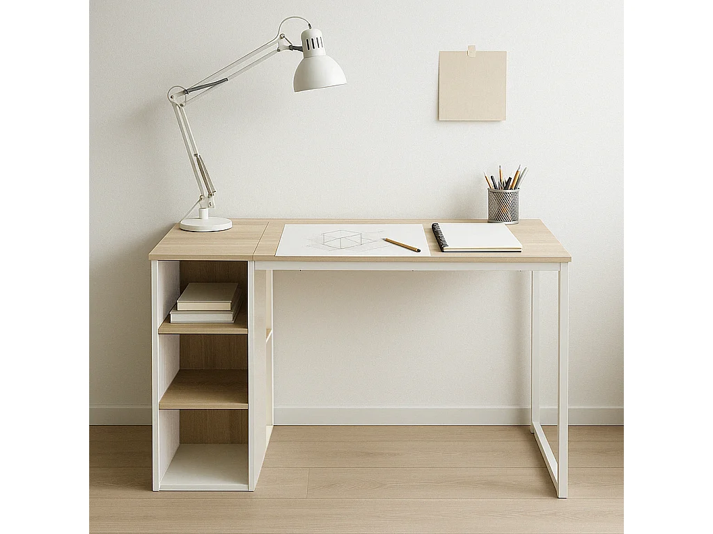 URBAN MEUBLE Bureau moderne avec cinq étagères blanc et bois de chêne