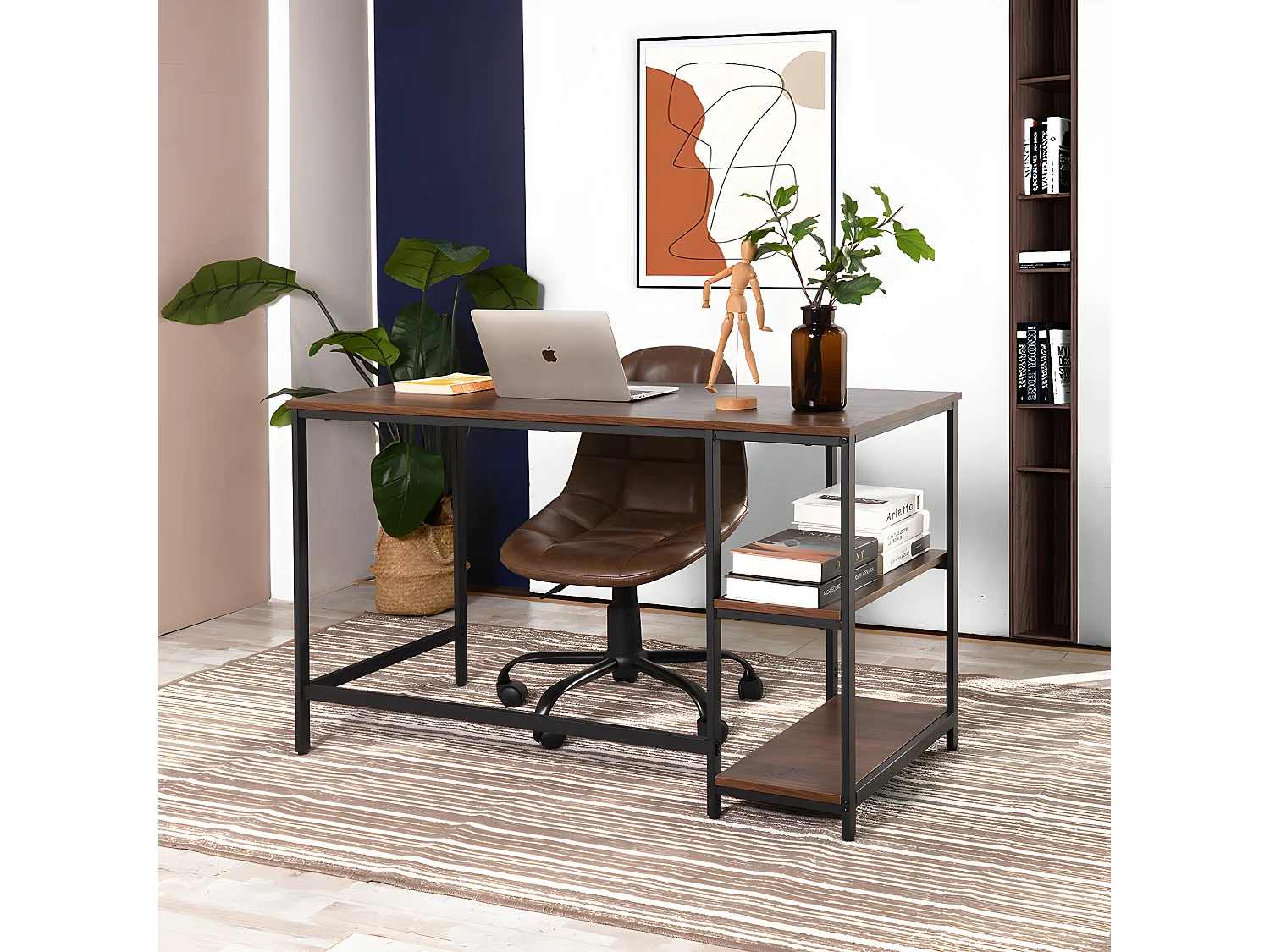 Bureau avec 2 étagères de rangement design industriel bois noyer