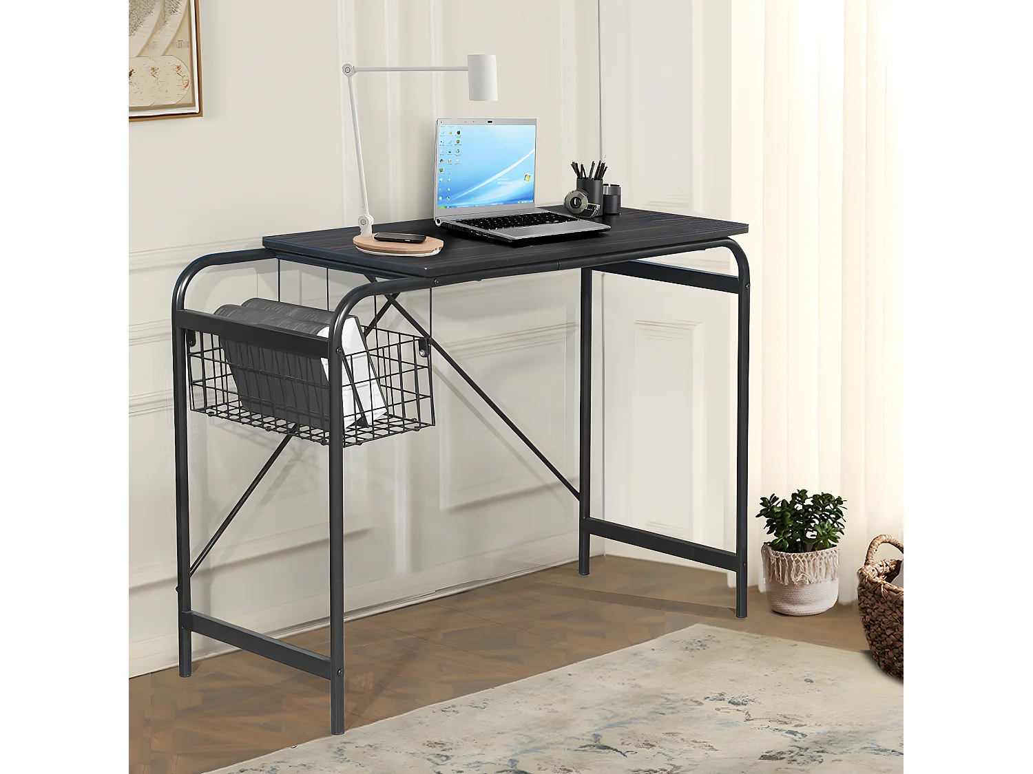 Bureau hêtre bois 1 panier métallique noir noyer