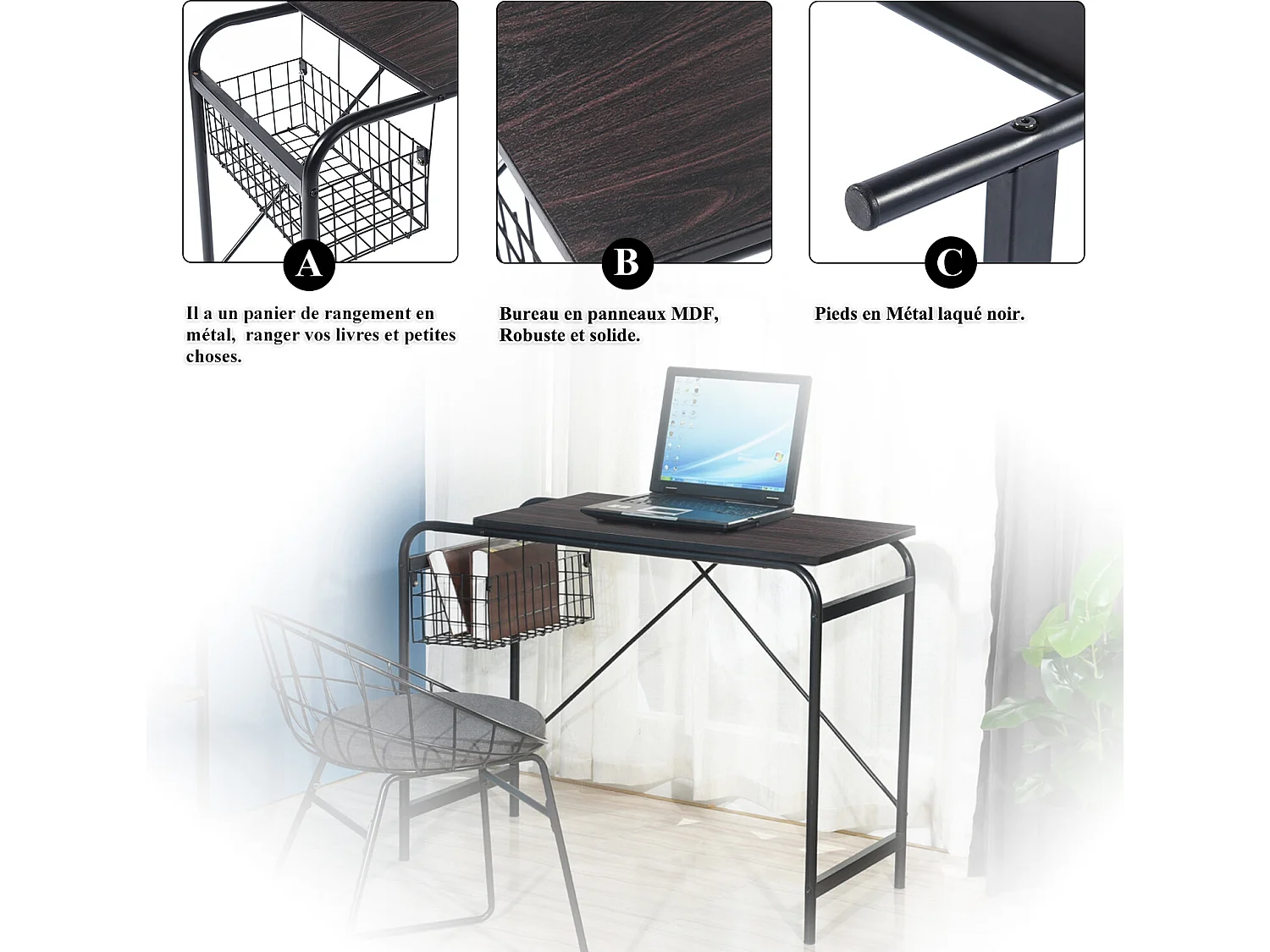 Bureau hêtre bois 1 panier métallique noir noyer