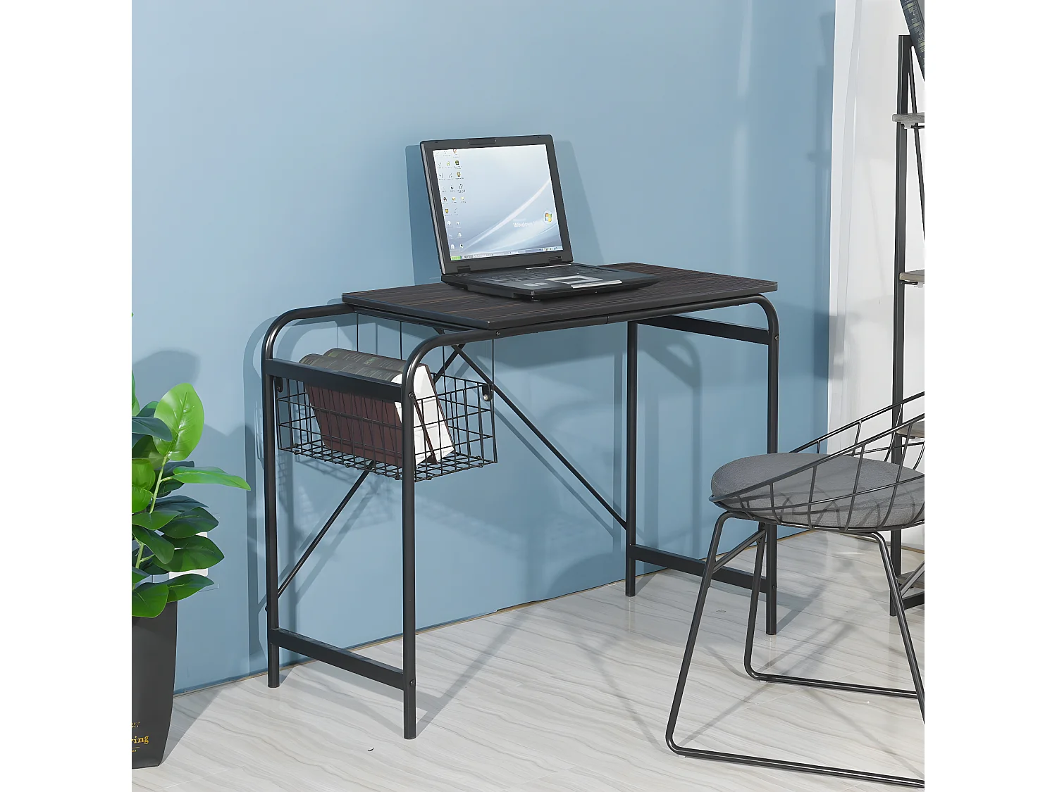 Bureau hêtre bois 1 panier métallique noir noyer