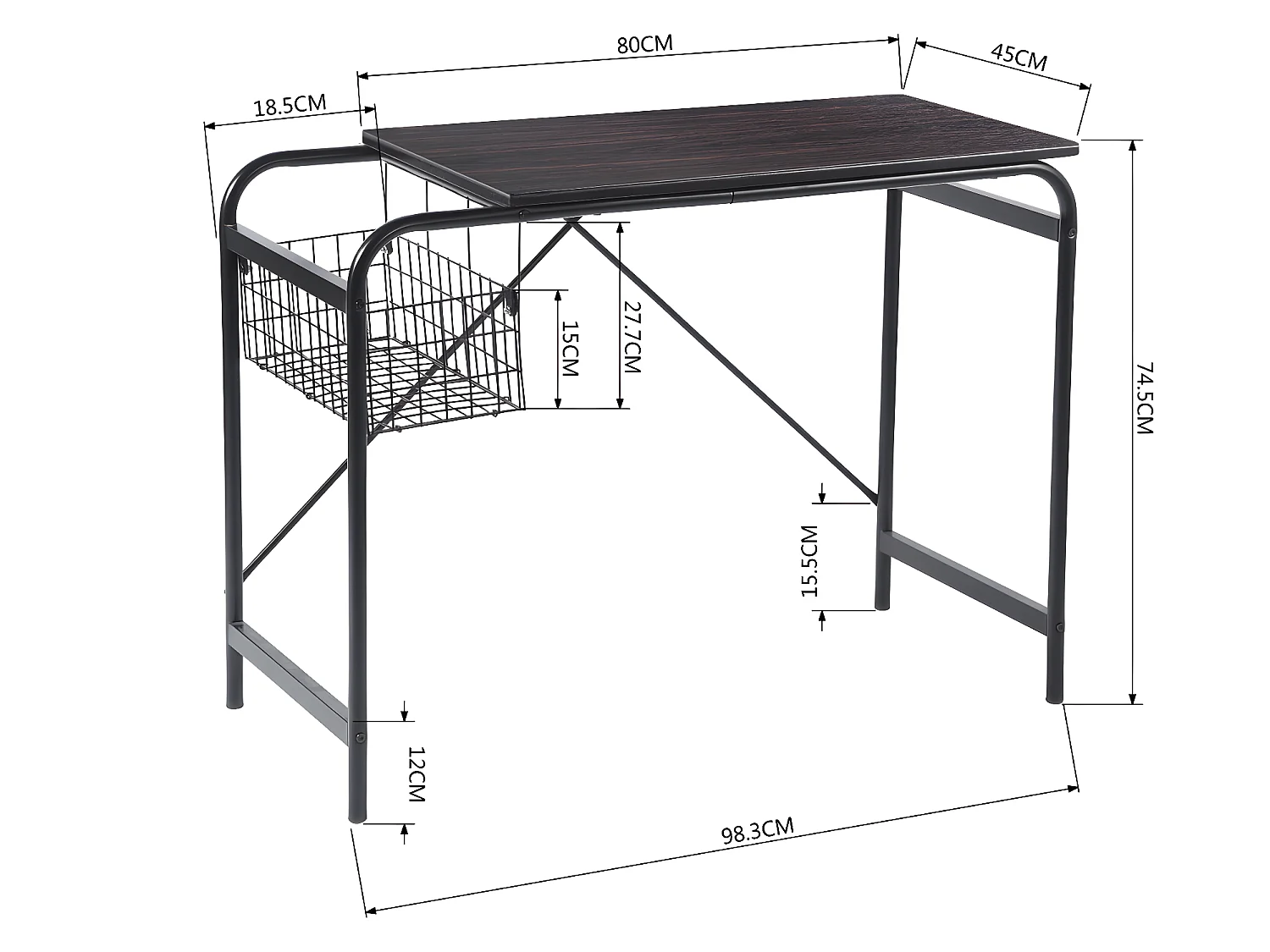 Bureau hêtre bois 1 panier métallique noir noyer