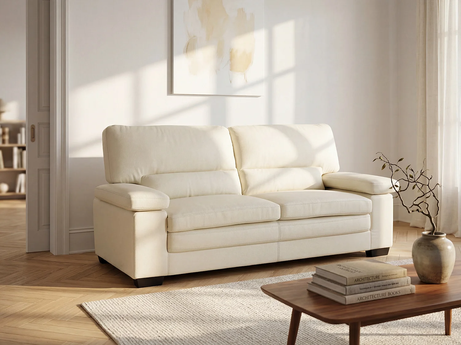 Canapé 3 places en cuir de buffle ivoire MIMAS II