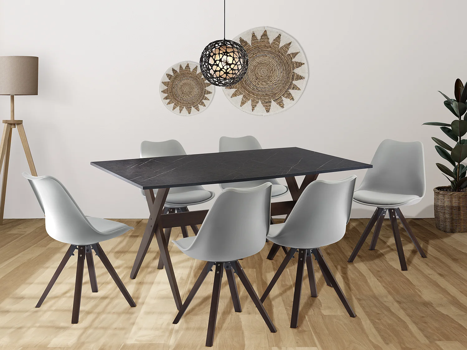 Mesa de comedor 6 comensales de MDF y haya - Antracita y natural oscuro - SERANI