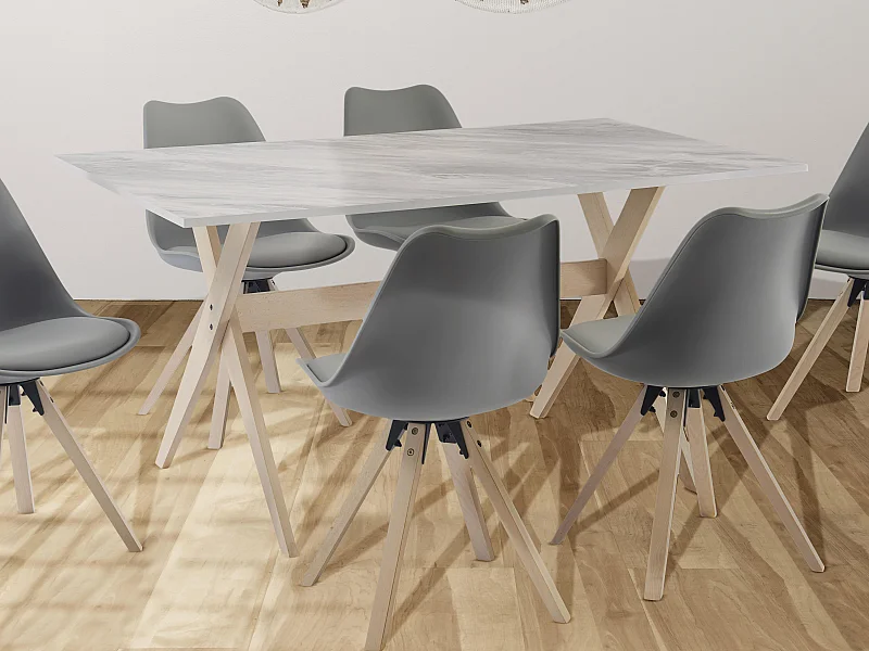 Table à manger 6 personnes en MDF et hêtre - Blanc et naturel clair - SERANI