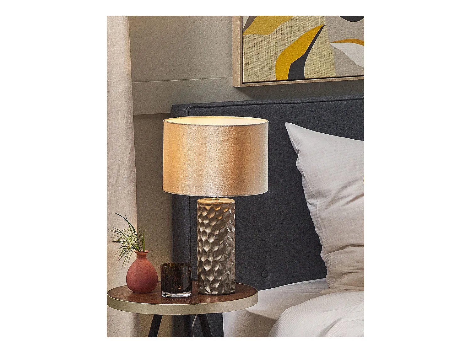 Tischlampe 50 cm Keramik geometrisch Schirm Samt gold Kabel mit Schalter Sankuru