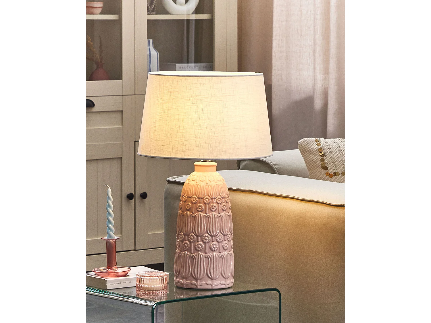 Tischlampe mit Keramikfuß in Rosa 56 cm Blumenmotiv Lampenschirm weiß Zarima