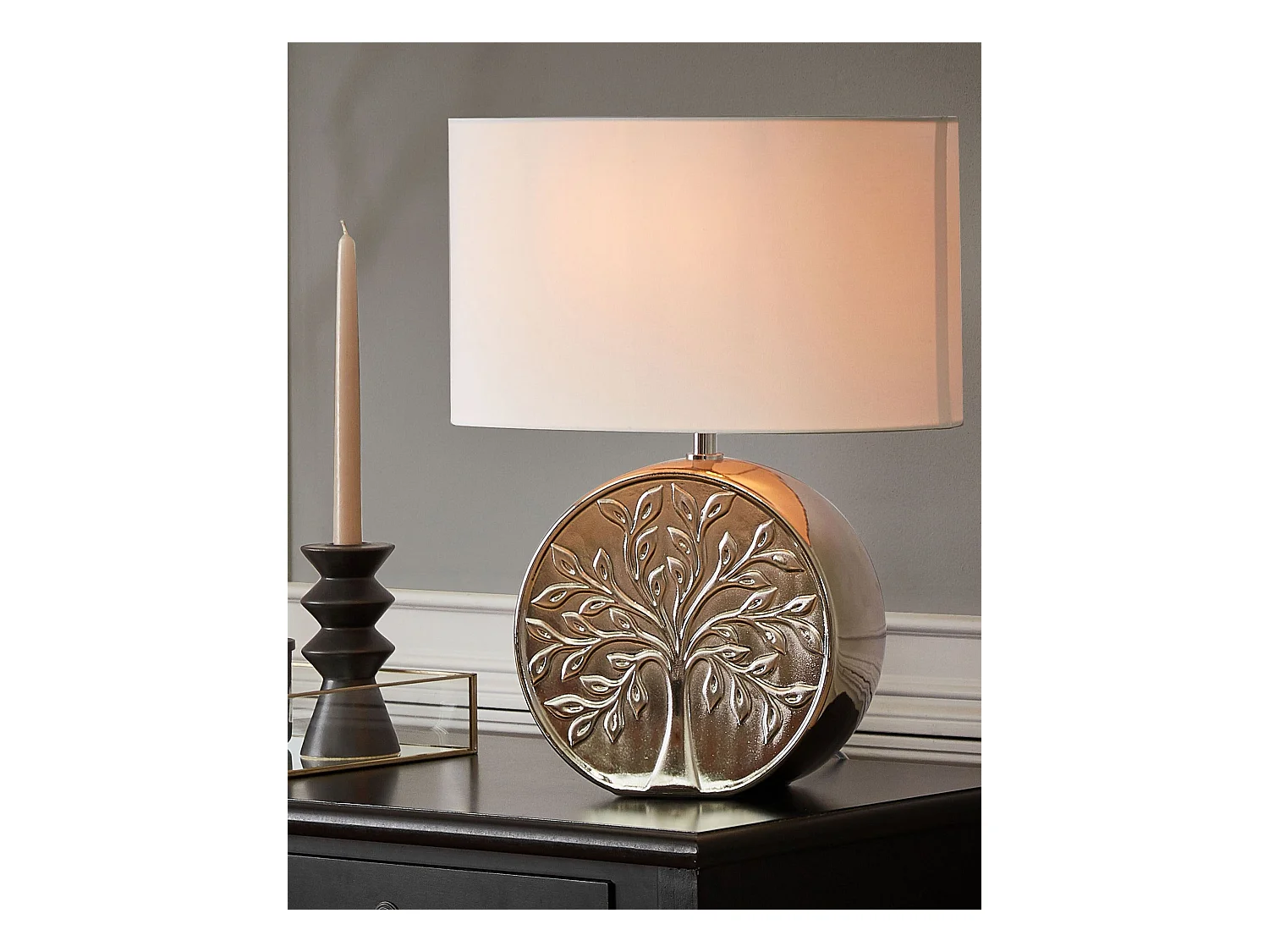 Tischlampe in Silber mit Keramiksockel mit Baummotiv glänzend 49 cm Kherlen