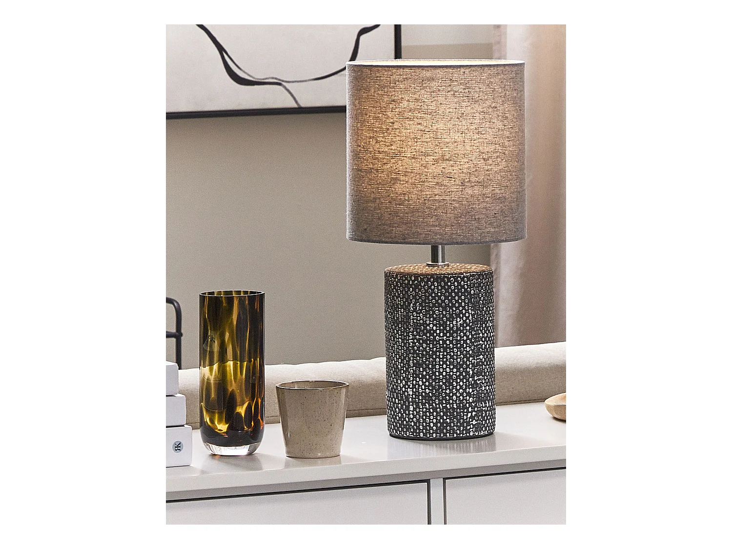 Tischlampe mit Keramikfuß in Grau 43 cm klassischer Stoffschirm Trommelform Ider