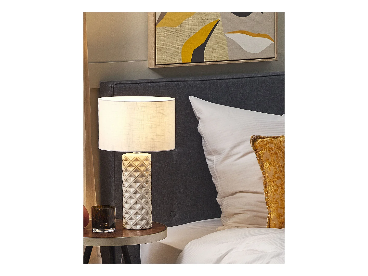 Tischlampe Keramik beige weiß 49 cm Lampenschirm elegant Balonne