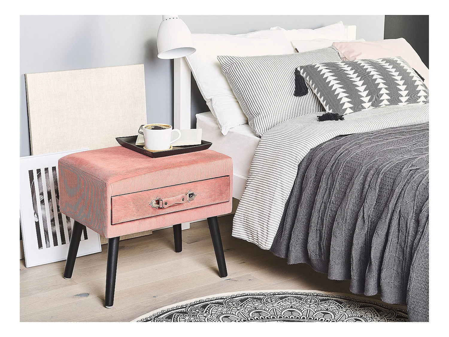 Table de nuit à 1 tiroir EUROSTAR Velours côtelé Rose