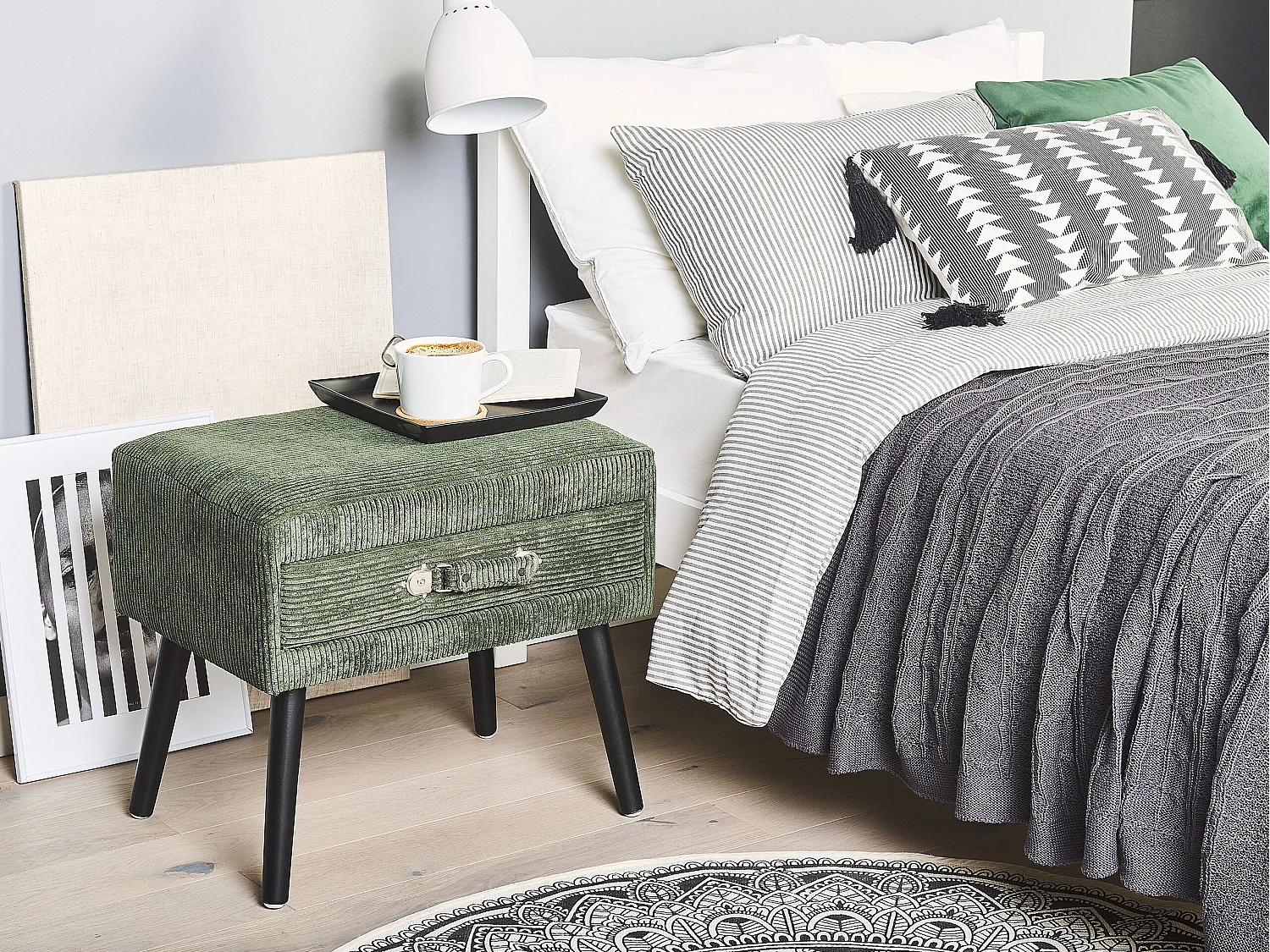 1 Drawer Bedside Table EUROSTAR Corduroy Dark Green