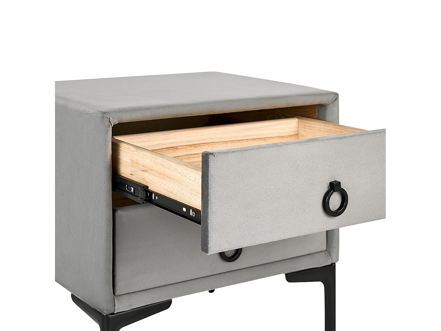 Nachttisch Samt hell grau 2 Schubladen schwarze Metallbeine modern Sezanne