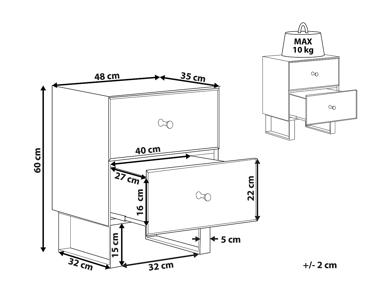 Table de nuit à 2 tiroirs NESLE Verre Miroir argenté
