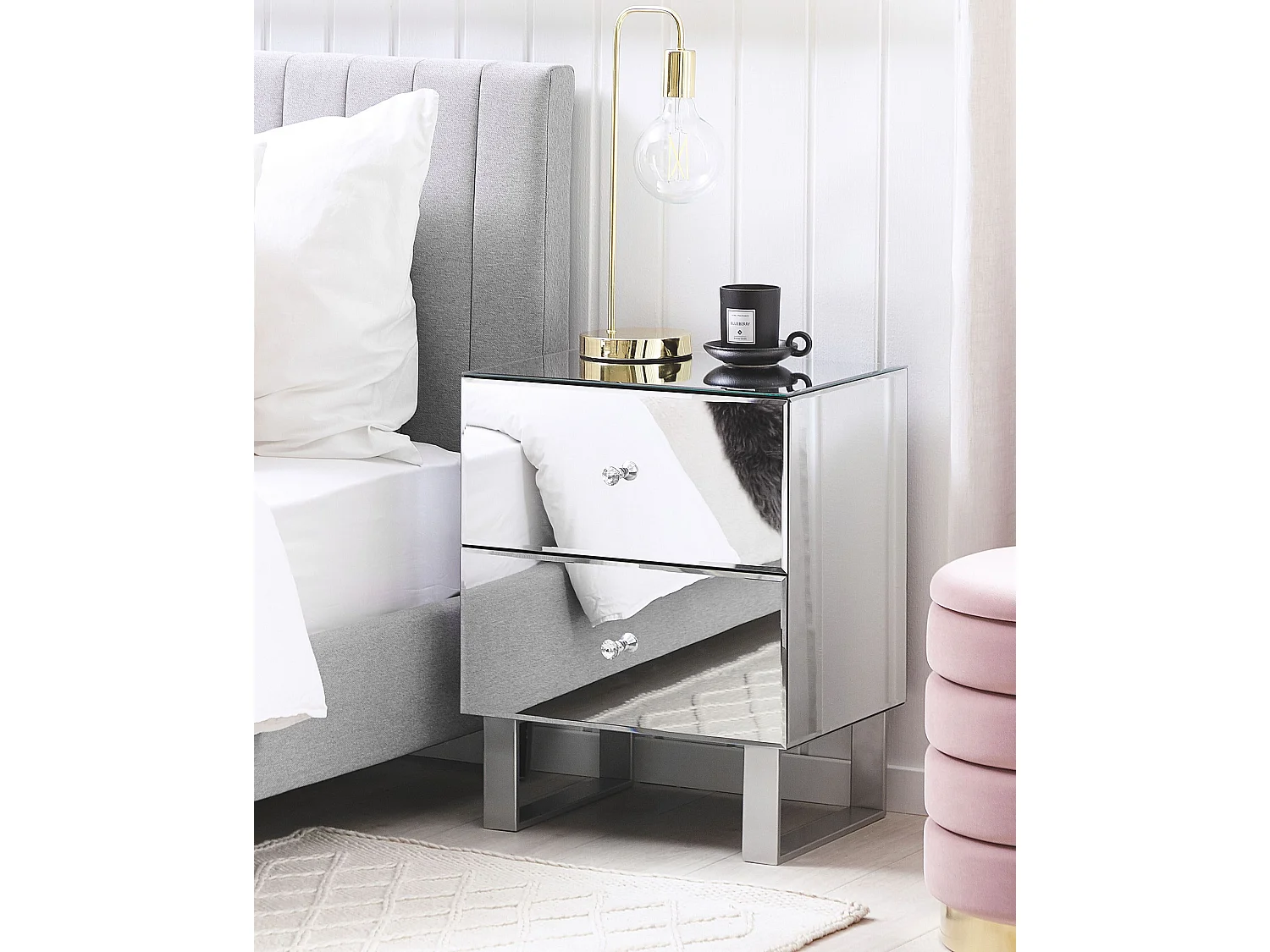 Nachttisch Spiegeleffekt MDF-Platte 2 Schubladen silber Nesle