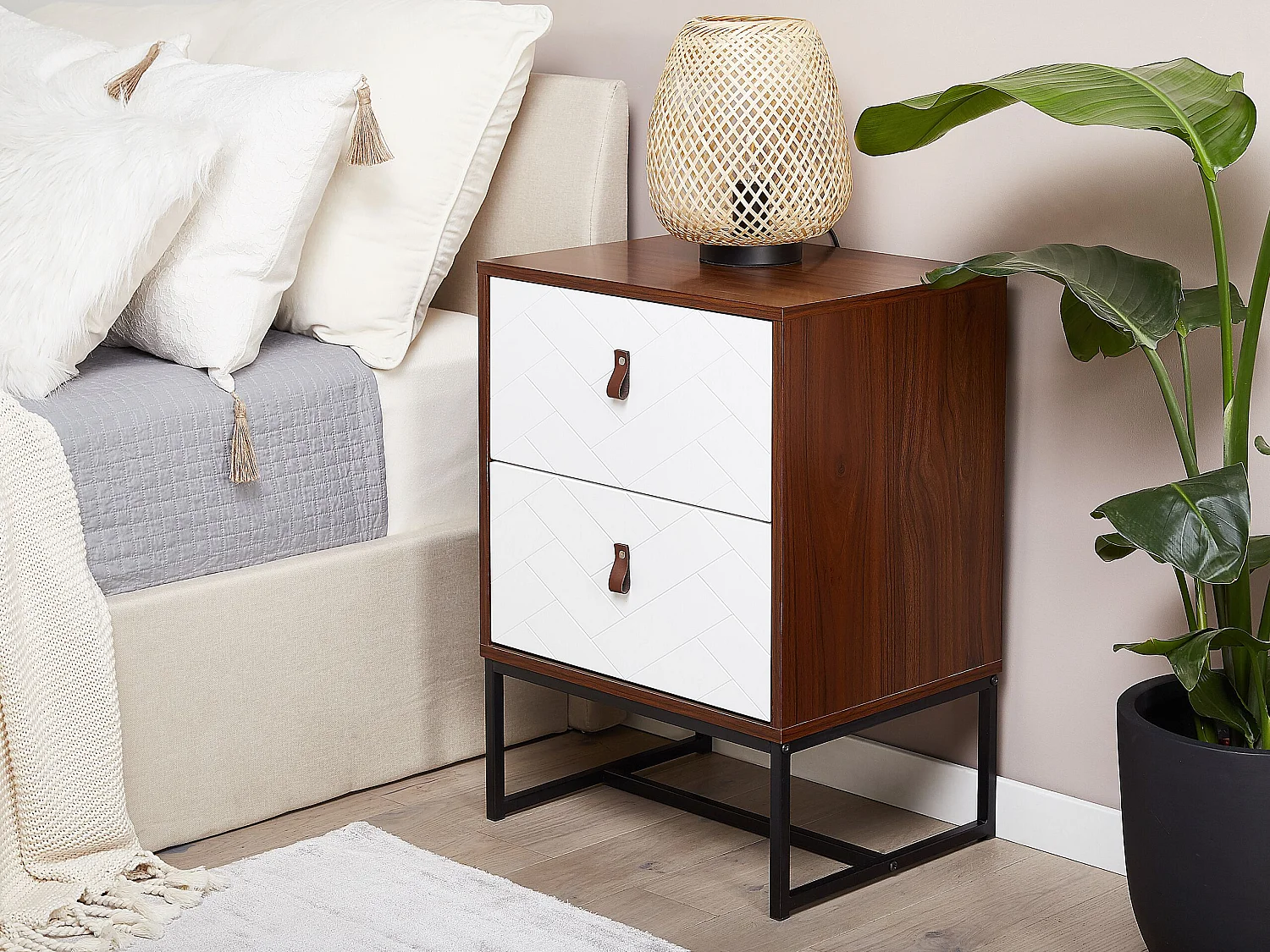 Moderner Nachttisch dunkler Holzfarbton / weiss 2 Schubladen Nueva