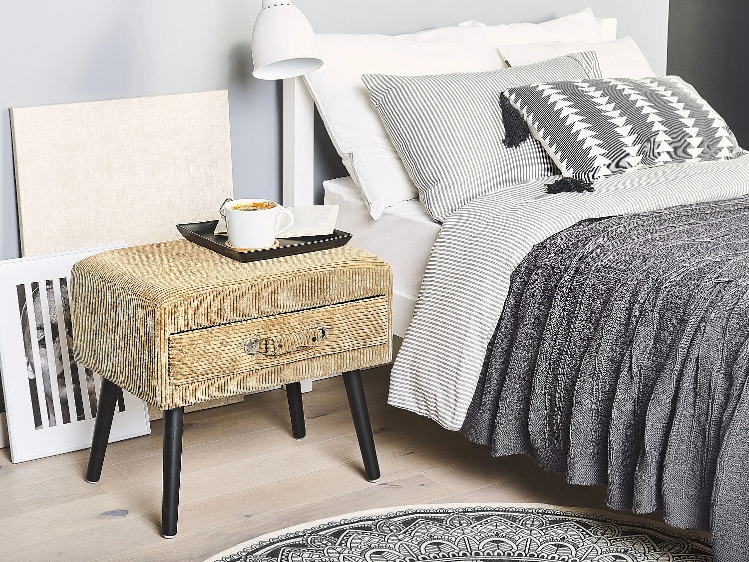 Table de nuit à 1 tiroir EUROSTAR Velours côtelé Beige sable