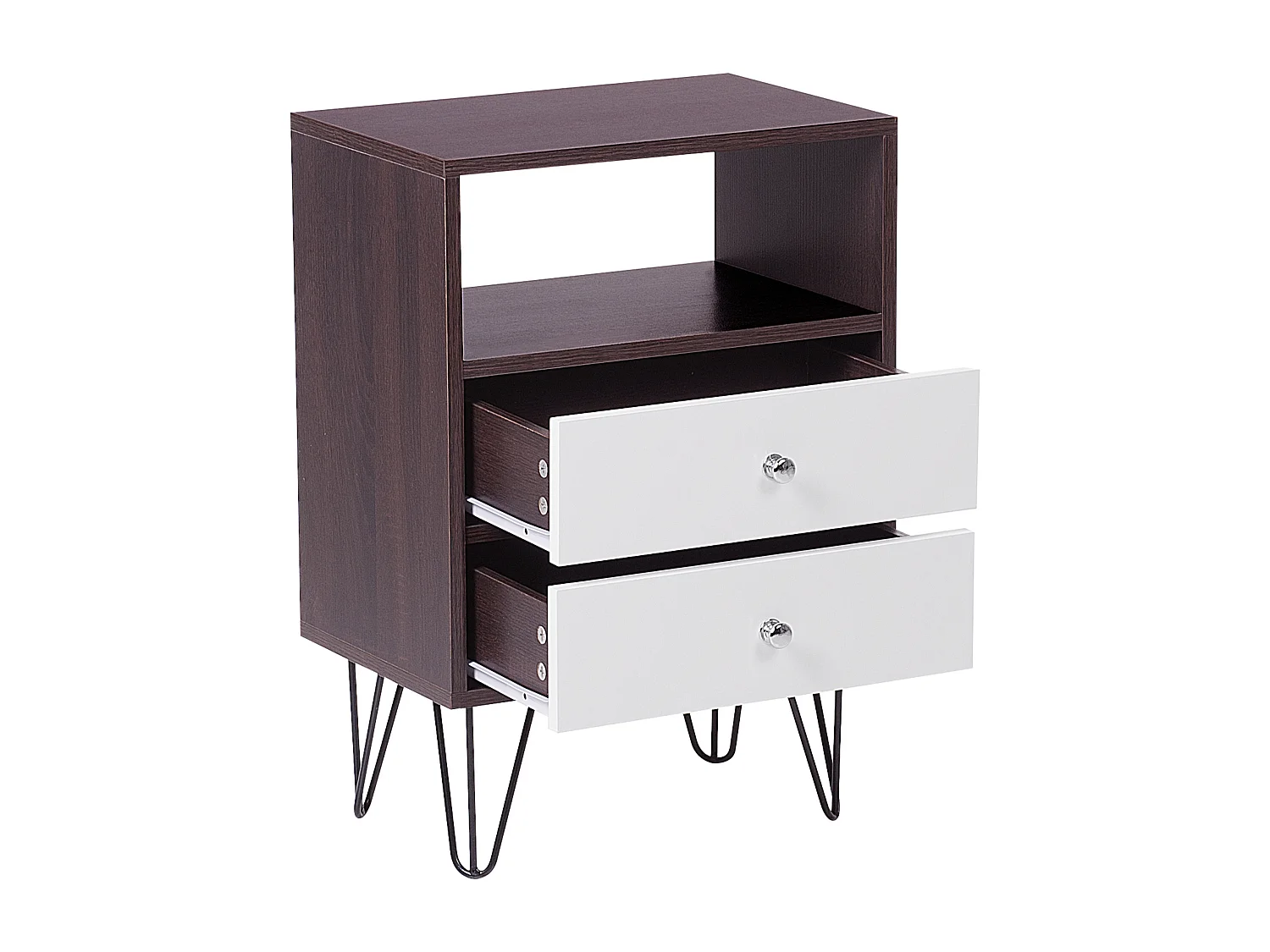 Nachttisch dunkler Holzfarbton mit 2 Schubladen in Weiß im Retro Stil Arvin