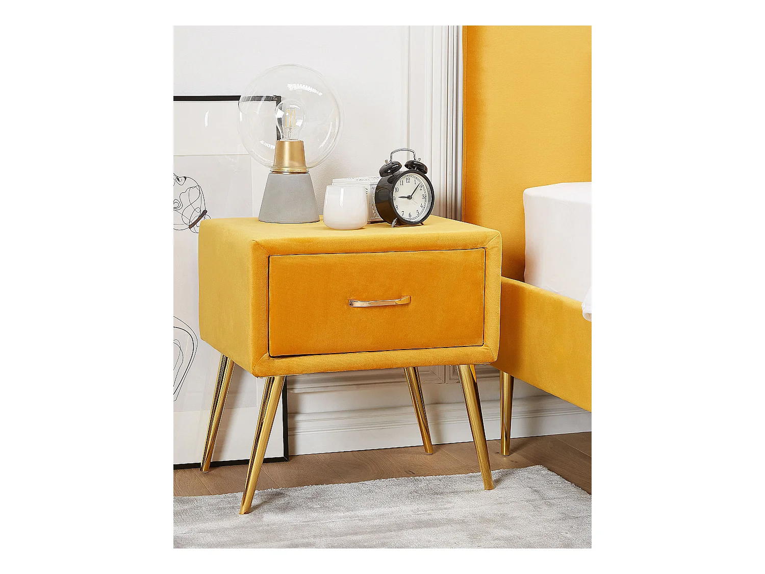 Table de nuit à 1 tiroir FLAYAT Velours Moutarde