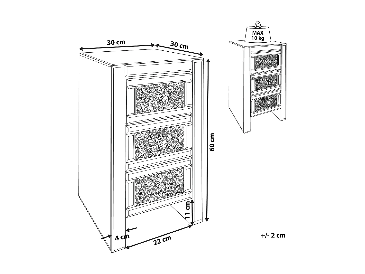 Comodino 3 cassetto LORAY Vetro Argento