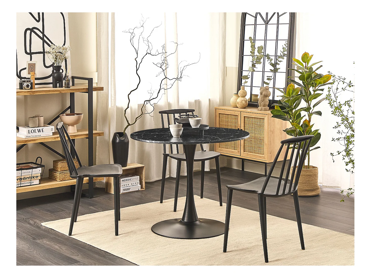 Esstisch schwarz Marmor Optik 90 cm rund MDF-Platte Metall Boca