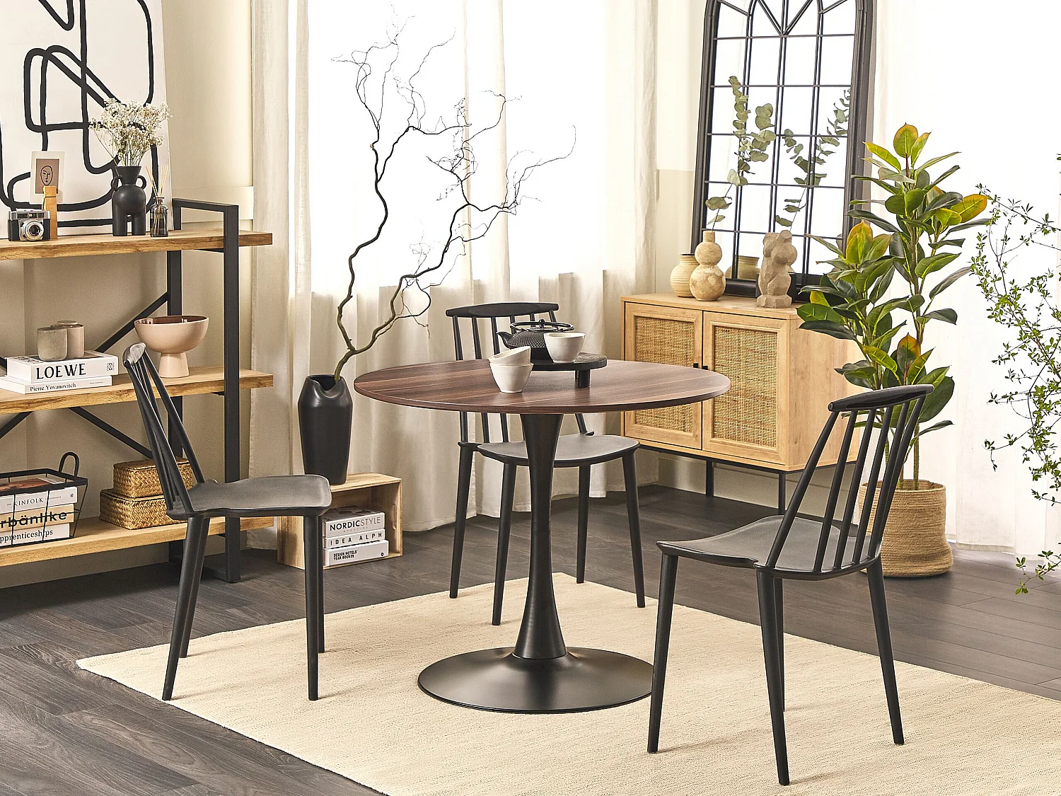 Esstisch dunkler Holzfarbton / schwarz 90 cm rund MDF-Platte Metall Boca