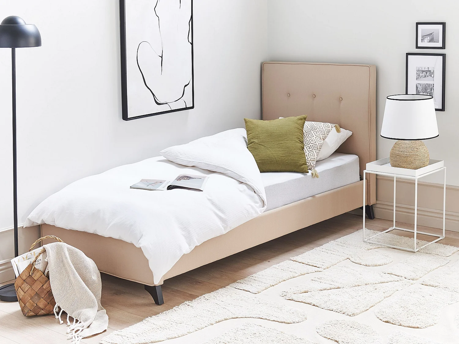 Lit en tissu beige avec cadre 90 x 200 cm AMBASSADOR