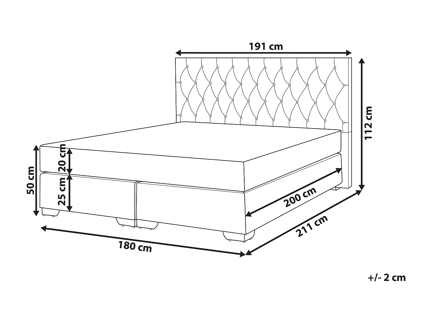 Lit Boxspring Tissu DUCHESS 180 x 200 cm Gris clair