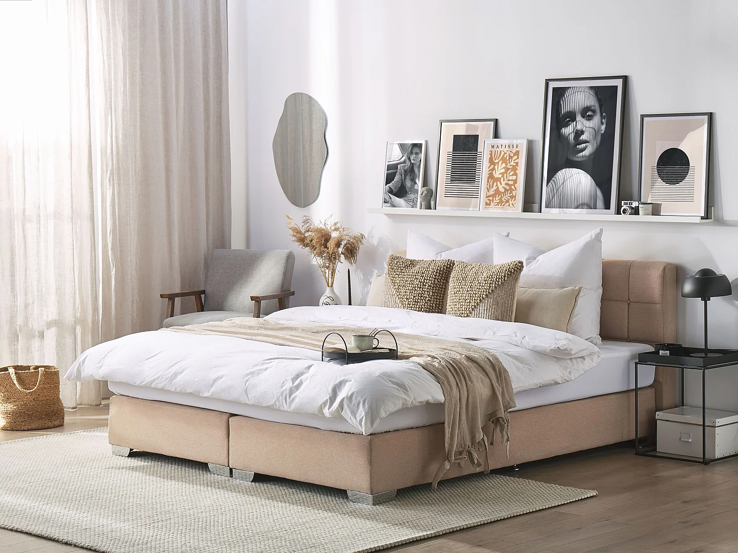 Boxspringbett Polsterbett in Sandbeige Leinenoptik Doppelbett 180 x 200 cm