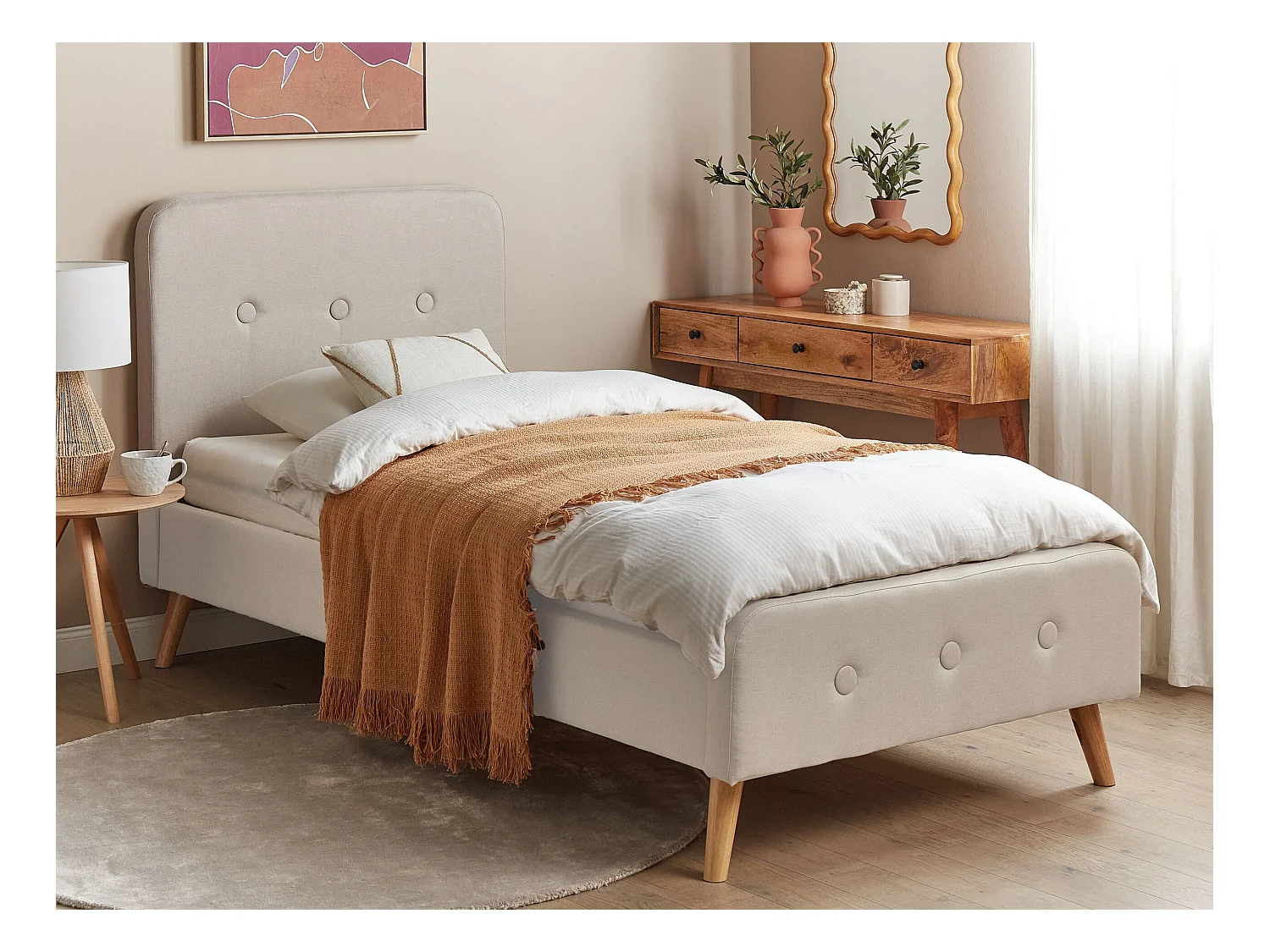Polsterbett Leinenoptik beige Lattenrost 90 x 200 cm Rennes