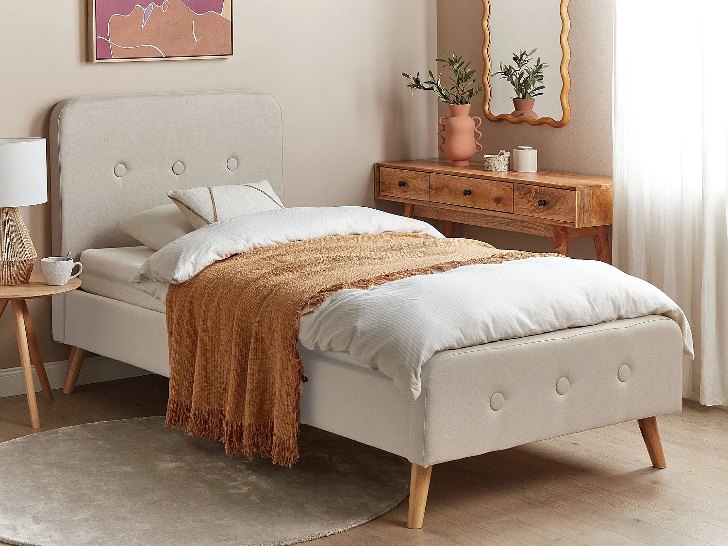 Polsterbett Leinenoptik beige Lattenrost 90 x 200 cm RENNES