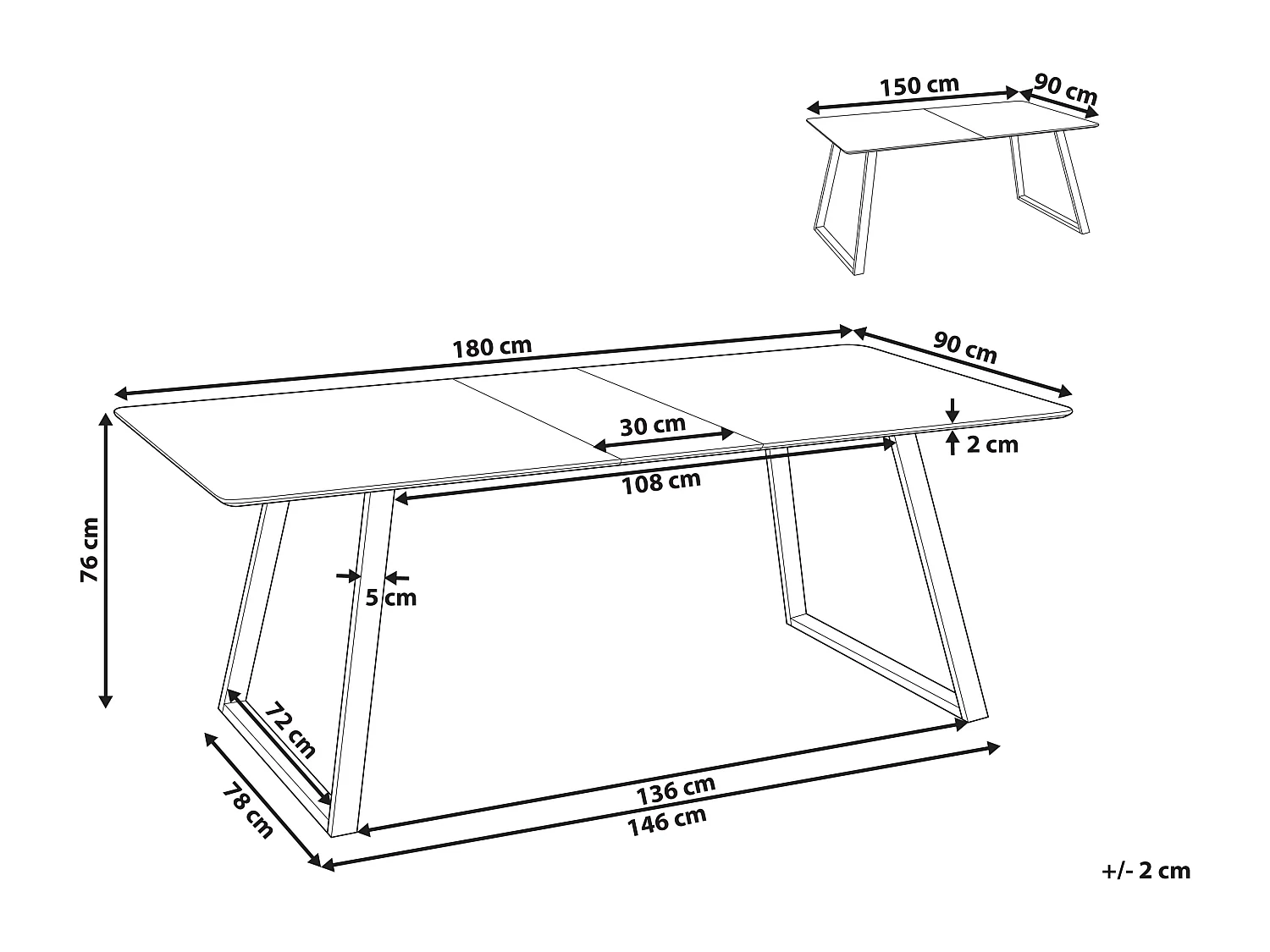 Table de salle à manger extensible TOURAN Noir 150/180 cm 90 cm