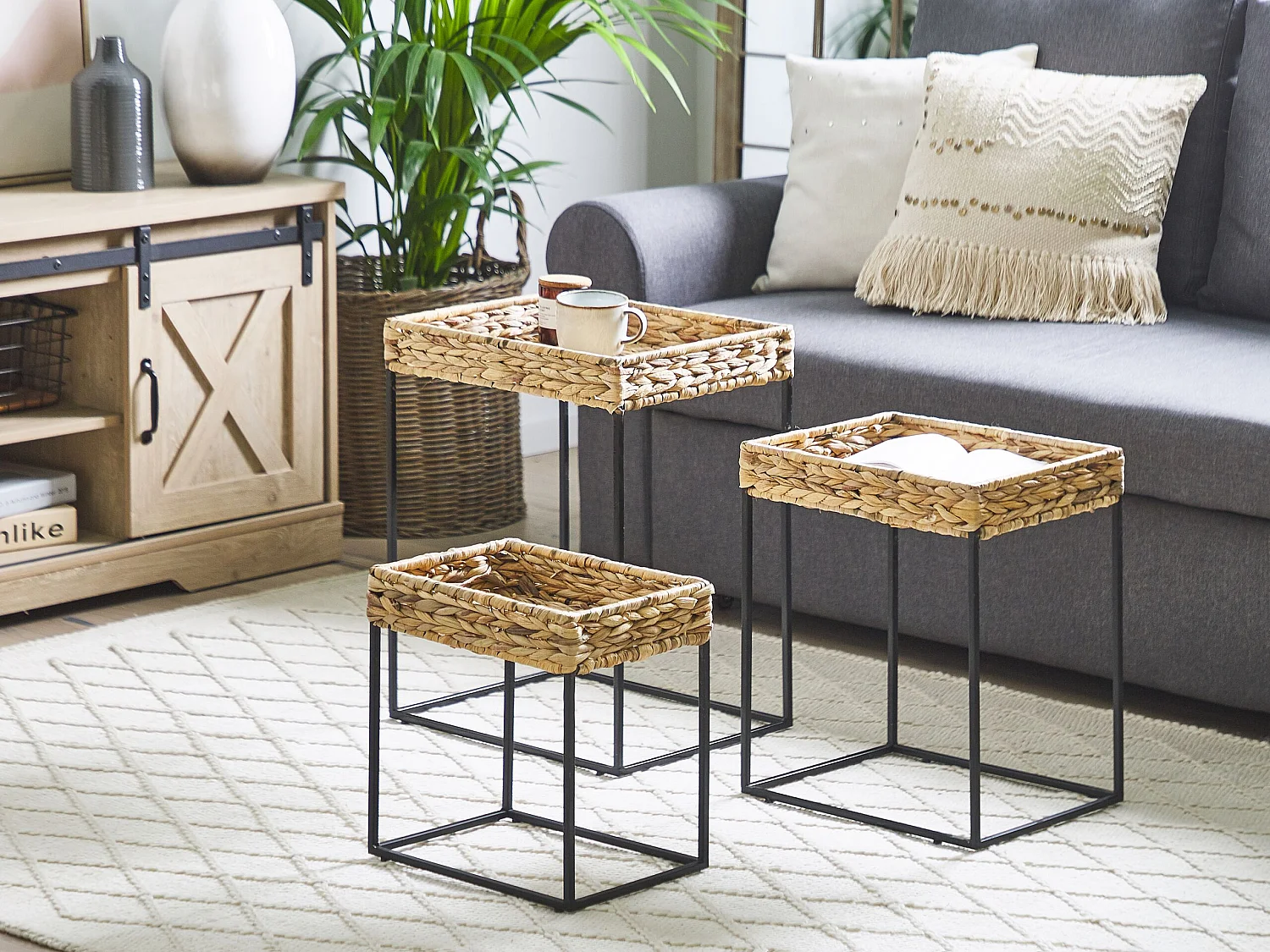 Lot de 3 tables appoint couleur bois clair / noir HAWI