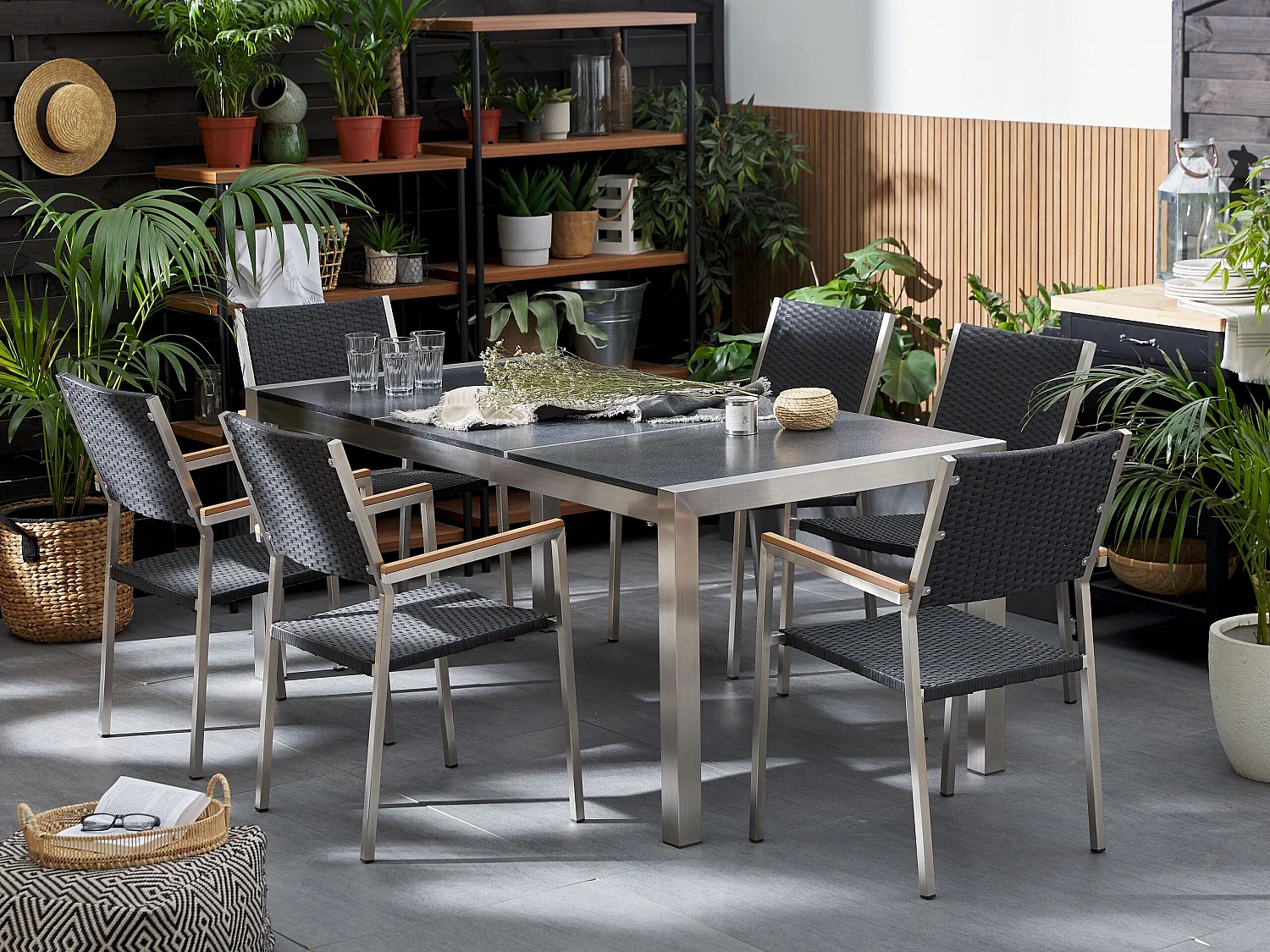 Set da pranzo da giardino 6 posti GROSSETO Piastra tripla Basalto fiammato Nero